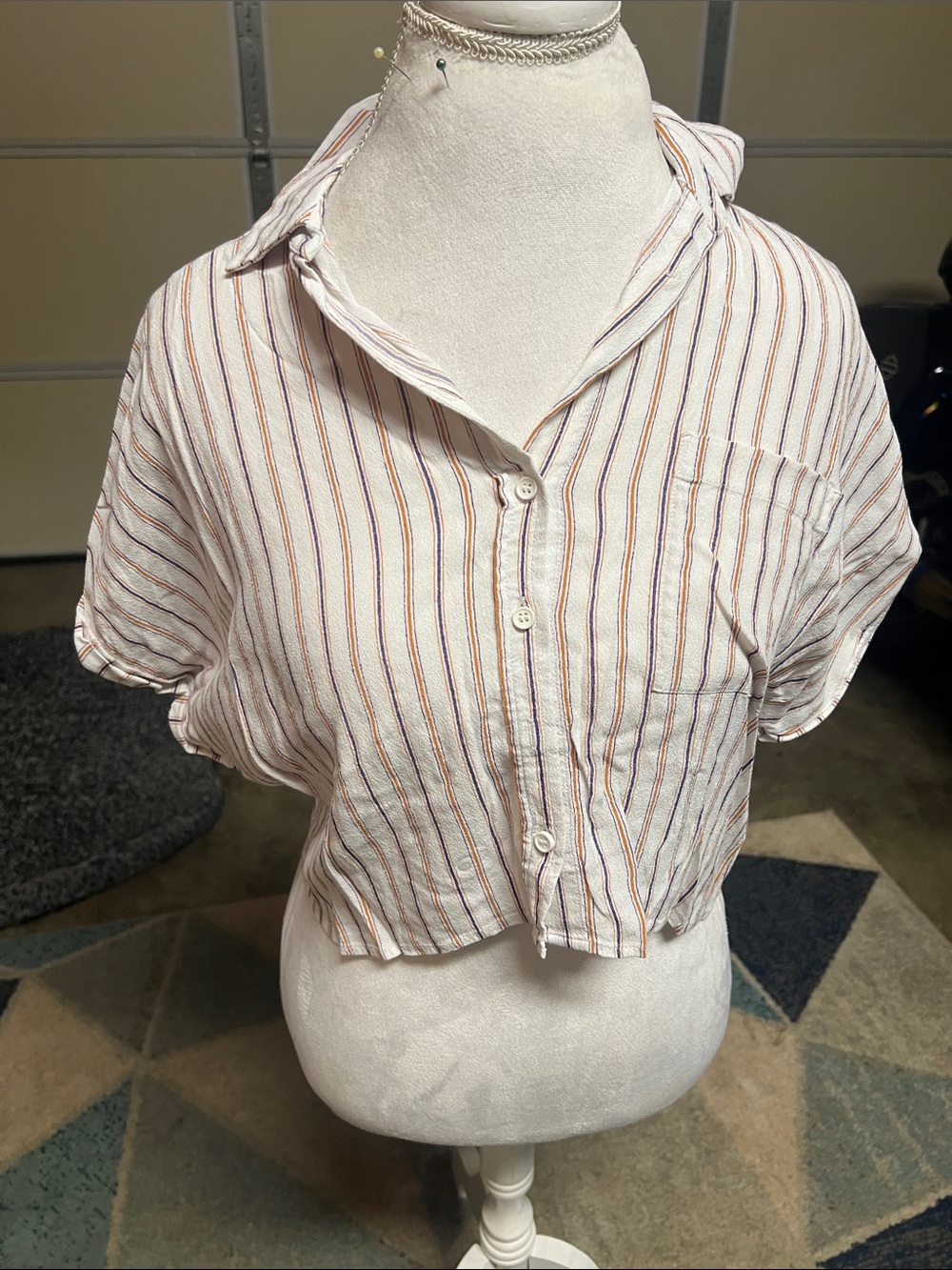 Forever 21 White Cropped Button-Up with Red & Blue Stripes